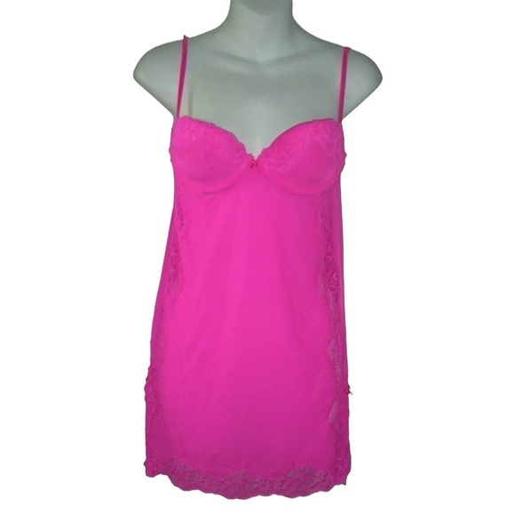 Victorias Secret Lingerie Pink Bows Lace Nightie Sexy Barbie Coquette Pinup Slip - Picture 10 of 10